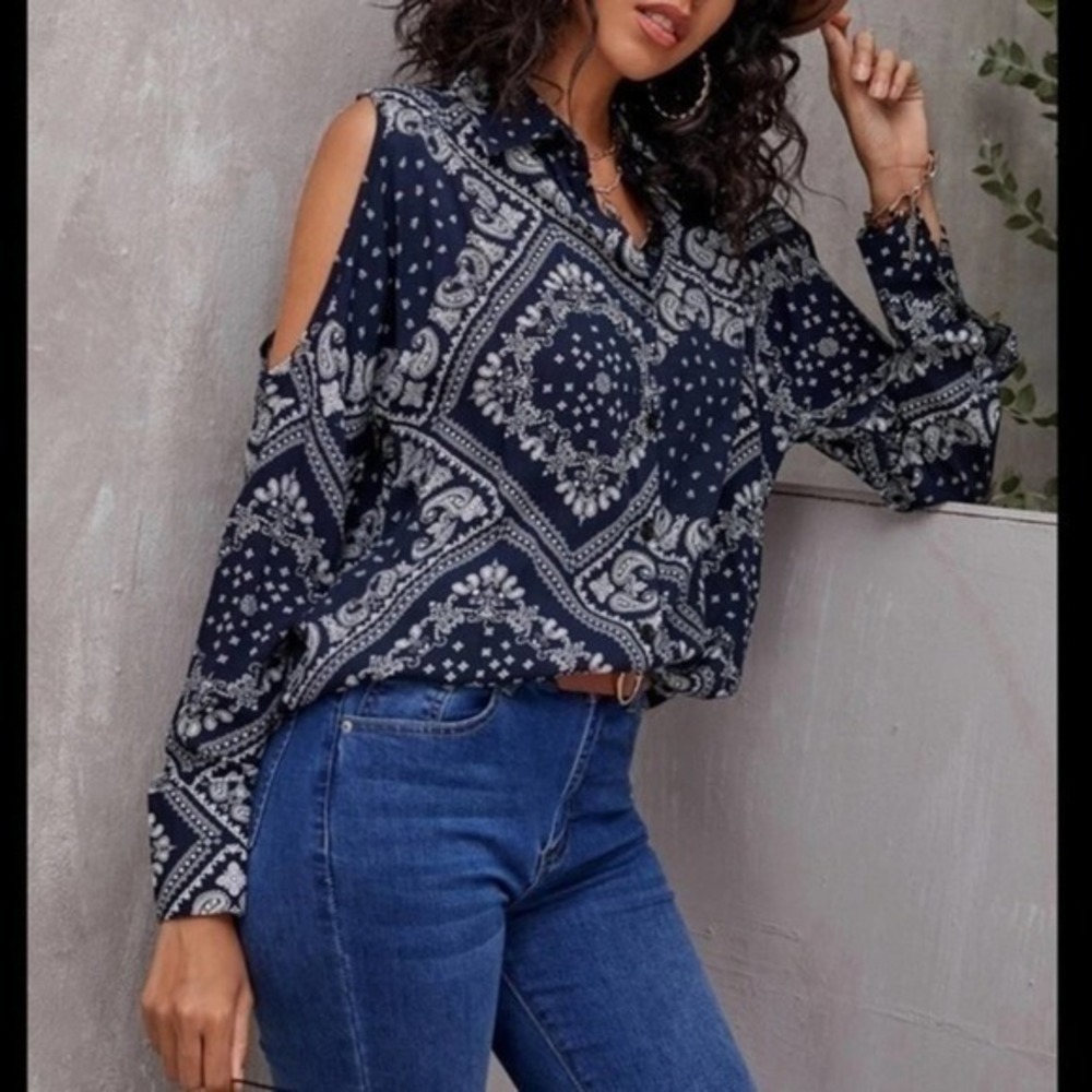 Size XS Navy Blue Cotton-Blend Cold Shoulder Tunic Top BRAND NEW - Picture 4 of 8